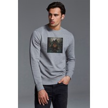 Qivi Epica The Quantum Enigma Baskılı Gri Erkek Örme Sweatshirt Uzun Kol