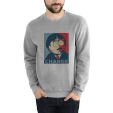 Qivi South Park Change Baskılı Gri Erkek Örme Sweatshirt Uzun Kol