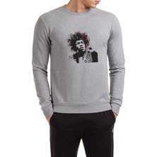 Qivi Jimi Hendrix Baskılı Gri Erkek Örme Sweatshirt Uzun Kol
