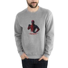 Qivi Deadpool Sulu Boya Çizim Baskılı Gri Erkek Örme Sweatshirt Uzun Kol