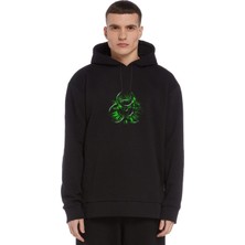 Qivi Nuclear Reactor Baskılı Siyah Erkek Örme Kapşonlu Sweatshirt Uzun Kol