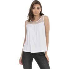 Disentis Modest Yakası Dantelli Kalın Askılı Bol Kesim Beyaz Body