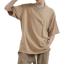 Amor Man Bisküvi Oversize Düz Yeni Trend Bol Kesim Dirsek Kol Outdoor Erkek Soft Tşört