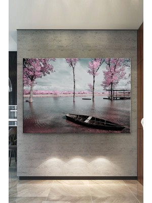 Balbeyaz Göl Manzarası Sazlıklar ve Sandal  Temalı Dekoratif Kanvas Tablo 80 x 120 cm