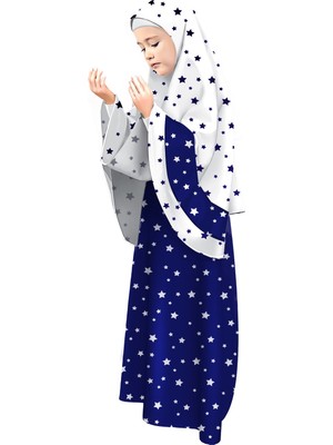 Oulabi Mir Kız Çocuk Namaz Elbisesi Larcivert Rengi Yıldız Baskılı Kemer Desenli
