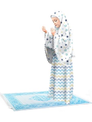 Oulabi Mir Kız Çocuk Namaz Elbisesi 3 Parçalı Seccadeli Dantel Detaylı Eteği Zigzag Desenli