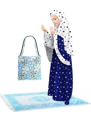 Oulabi Mir Kız Çocuk Namaz Elbisesi 4 Parçalı Seccadeli ve Çantalı Larcivert Rengi Yıldız Baskılı Kemer Desenli