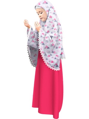 Oulabi Mir Kız Çocuk Namaz Elbisesi Küçük Kalp Baskılı Dantel Detaylı