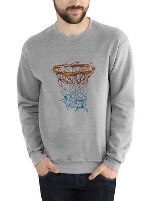 Qivi Basketbol Pota Baskılı Gri Erkek Örme Sweatshirt Uzun Kol