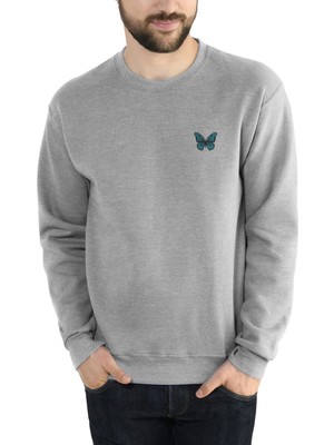 Qivi Large Clip Butterfly Baskılı Gri Erkek Örme Sweatshirt Uzun Kol