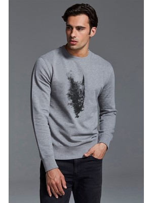 Qivi Skull Baskılı Gri Erkek Örme Sweatshirt Uzun Kol