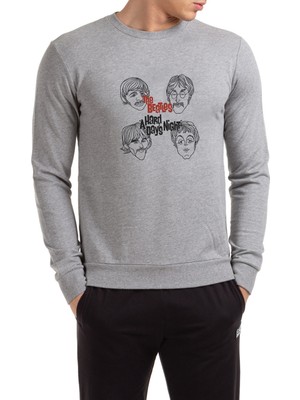Qivi The Beatles Baskılı Gri Erkek Örme Sweatshirt Uzun Kol