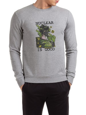 Qivi Nuclear Is Good Baskılı Gri Erkek Örme Sweatshirt Uzun Kol