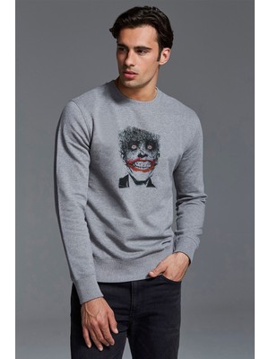 Qivi J Ker Baskılı Gri Erkek Örme Sweatshirt Uzun Kol