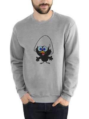 Qivi Yumurtadan Çıkan Şaşkın Kuş Baskılı Gri Erkek Örme Sweatshirt Uzun Kol