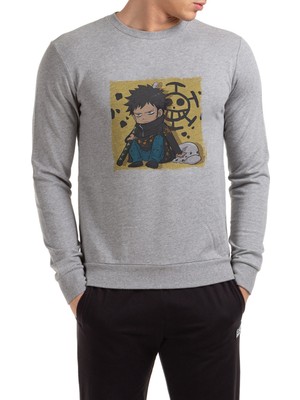 Qivi Anime One Piece Luffy Run Baskılı Gri Erkek Örme Sweatshirt Uzun Kol