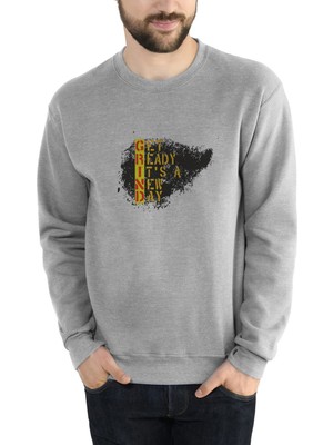 Qivi Grind Get Ready It's A New Baskılı Gri Erkek Örme Sweatshirt Uzun Kol