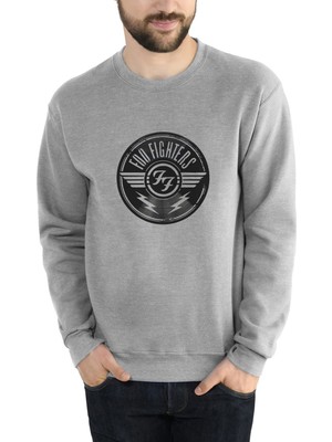 Qivi Foo Fighters Music Baskılı Gri Erkek Örme Sweatshirt Uzun Kol