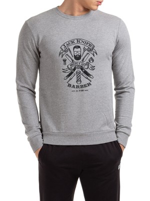 Qivi Jack Knife Barber Shop Design Oscar Baskılı Gri Erkek Örme Sweatshirt Uzun Kol