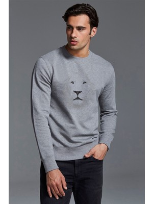 Qivi White Lion Baskılı Gri Erkek Örme Sweatshirt Uzun Kol