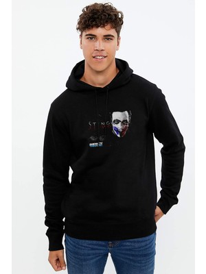 Qivi Sting Wrestler Baskılı Siyah Erkek Örme Kapşonlu Sweatshirt Uzun Kol