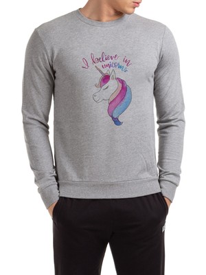 Qivi I Don't Believe In Humans Baskılı Gri Erkek Örme Sweatshirt Uzun Kol