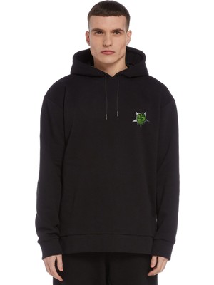 Qivi Overkill Yumruk Baskılı Siyah Erkek Örme Kapşonlu Sweatshirt Uzun Kol