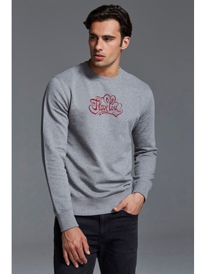 Qivi I Love You Baskılı Gri Erkek Örme Sweatshirt Uzun Kol