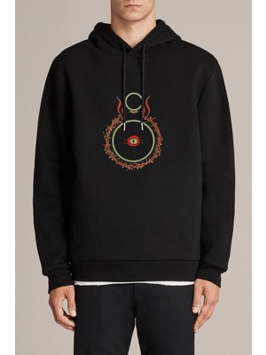 Qivi Yüzüklerin Efendisi Eye Baskılı Siyah Erkek Örme Kapşonlu Sweatshirt Uzun Kol