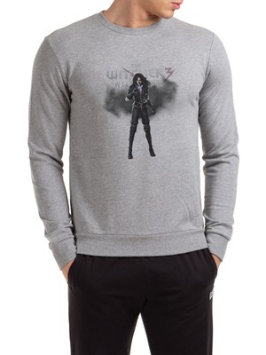 Qivi The Witcher Baskılı Gri Erkek Örme Sweatshirt Uzun Kol