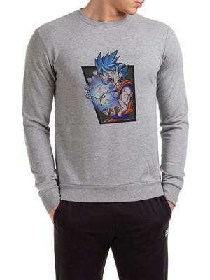 Qivi Anime Dragon Ball Baskılı Gri Erkek Örme Sweatshirt Uzun Kol