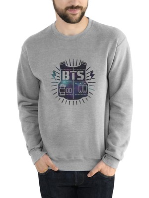 Qivi K Pop Bts Logo Koreli Grup Baskılı Gri Erkek Örme Sweatshirt Uzun Kol