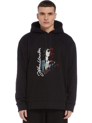 Qivi The Beatles John Lennon Baskılı Siyah Erkek Örme Kapşonlu Sweatshirt Uzun Kol