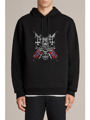 Qivi Mayhem Band Baskılı Siyah Erkek Örme Kapşonlu Sweatshirt Uzun Kol