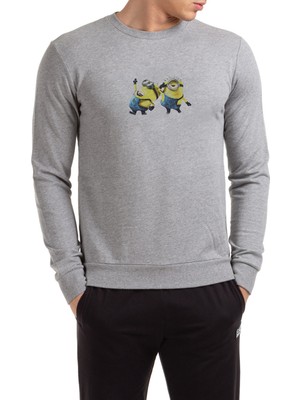Qivi Minionhappy Minions Baskılı Gri Erkek Örme Sweatshirt Uzun Kol