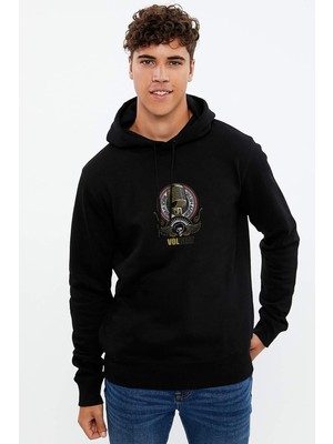 Qivi Skull Baskılı Siyah Erkek Örme Kapşonlu Sweatshirt Uzun Kol