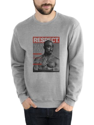 Qivi Rap Hiphop 2pac Respect Cover Baskılı Gri Erkek Örme Sweatshirt Uzun Kol