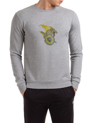Qivi Dragon Shield Baskılı Gri Erkek Örme Sweatshirt Uzun Kol