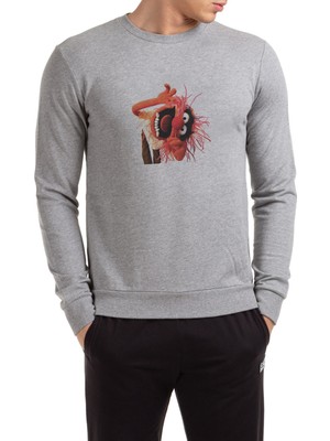 Qivi The Muppets Baskılı Gri Erkek Örme Sweatshirt Uzun Kol