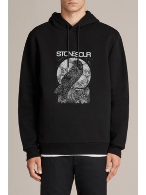 Qivi Stone Sour Crow Baskılı Siyah Erkek Örme Kapşonlu Sweatshirt Uzun Kol