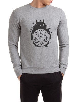 Qivi My Neighbor Komşum Totoro Baskılı Gri Erkek Örme Sweatshirt Uzun Kol