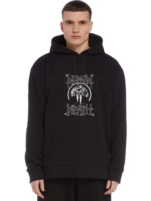 Qivi Death Baskılı Siyah Erkek Örme Kapşonlu Sweatshirt Uzun Kol