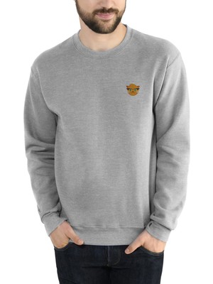 Qivi Cat Face Cartoon Baskılı Gri Erkek Örme Sweatshirt Uzun Kol