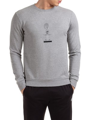Qivi Antik Heykel Büst Yan Baskılı Gri Erkek Örme Sweatshirt Uzun Kol