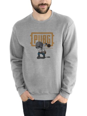 Qivi Pubg Pan Baskılı Gri Erkek Örme Sweatshirt Uzun Kol