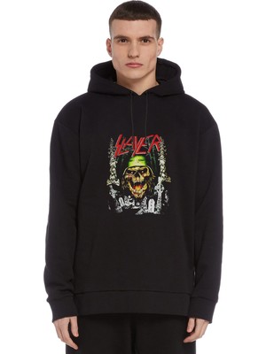 Qivi Slayer Death Metal Heavy Thrash Dark Baskılı Siyah Erkek Örme Kapşonlu Sweatshirt Uzun Kol