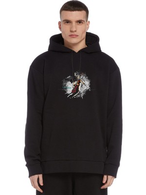 Qivi Slash Metal Rock Music Müzik Baskılı Siyah Erkek Örme Kapşonlu Sweatshirt Uzun Kol