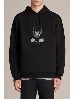 Qivi Skull Lockscreen Tumblr Kurukafa Rose Baskılı Siyah Erkek Örme Kapşonlu Sweatshirt Uzun Kol