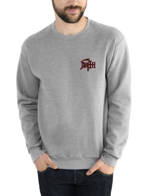 Qivi Death Logo Gögüs Baskılı Gri Erkek Örme Sweatshirt Uzun Kol