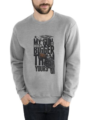 Qivi My Gun Is Bigger Baskılı Gri Erkek Örme Sweatshirt Uzun Kol